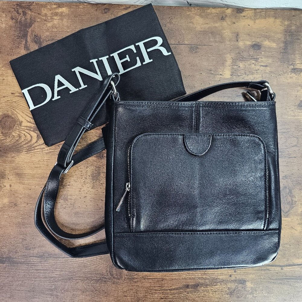 New Danier Black Leather Crossbody Purse